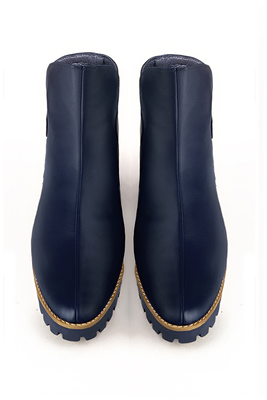 Navy blue women's ankle boots with buckles at the back. Round toe. Low rubber soles. Top view - Florence KOOIJMAN